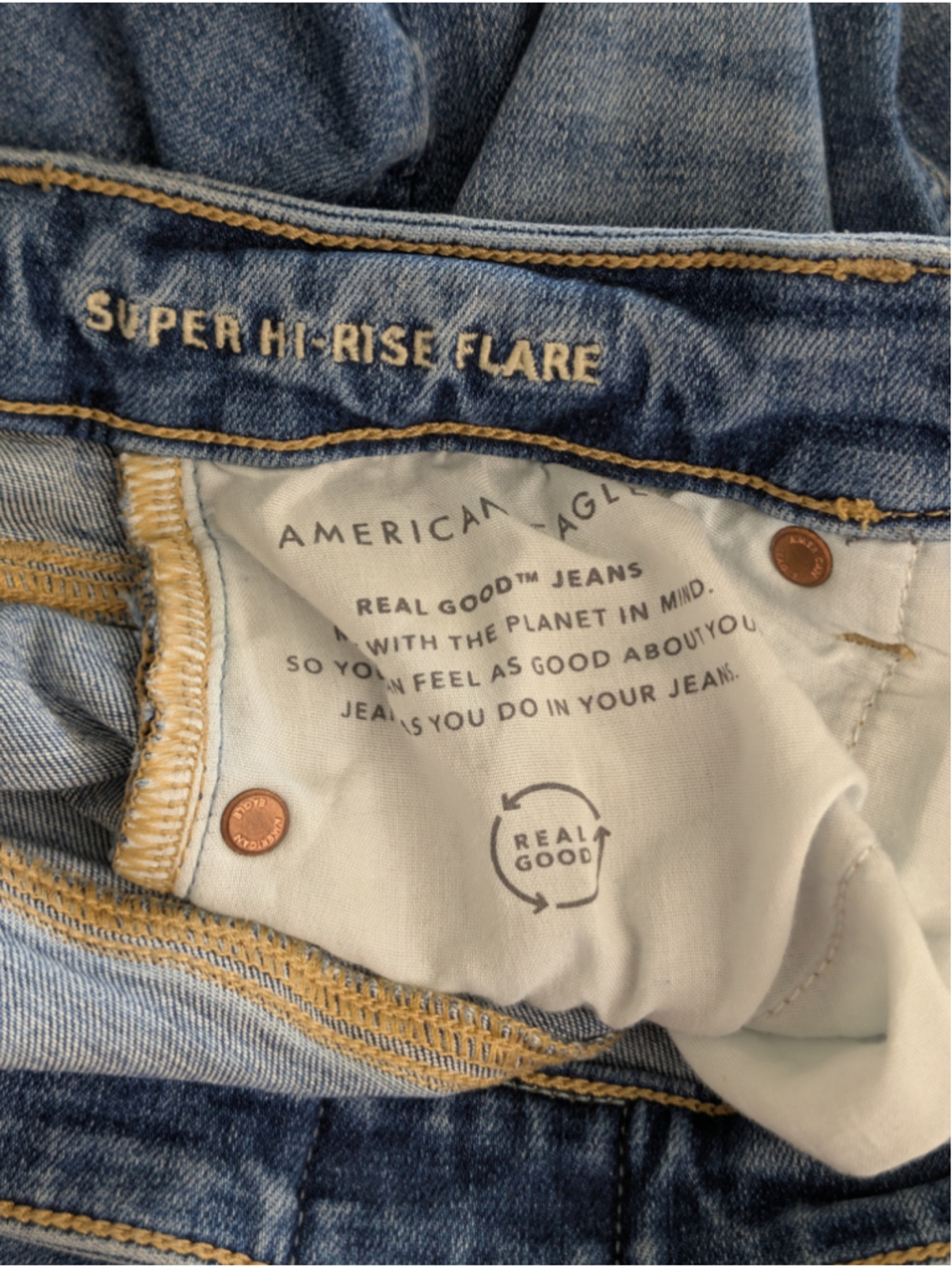 AE 2 Super Hi Rise Flare Jeans Frayed Distressed Medium Blue Wash American Eagle - Picture 11 of 12